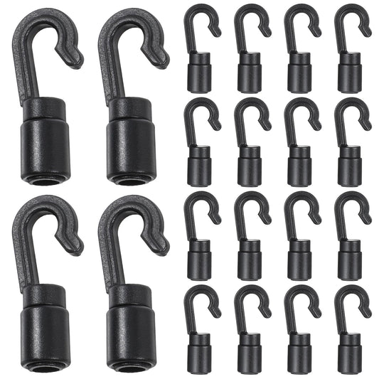 20 Pack Black Bungee Cord Hooks for 3/16 Inch to 1/4 Inch, Shock Cord End Hooks Cargo Net Hooks Shock Absorbing Cord Hooks for Bungee Cord Ends Kayak Replacement Water Sports Camping Accessories
