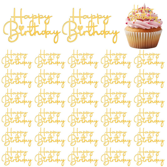 30 PCS Gold Cupcake Toppers Birthday Cupcake Toppers Happy Birthday Acrylic Cake Topper Gold Mirror Acrylic Small Happy-Birthday Cake Topper Acrylic-Cupcake-Toppers Cupcakes Party Decorations