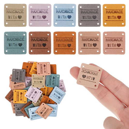40PCS Handmade PU Leather Label Colorful Handmade Tags Clothing Handmade Label with Holes Embossed Tag Embellishment Crochet Knit DIY Jeans Bags Shoes Hat, 10 Colours