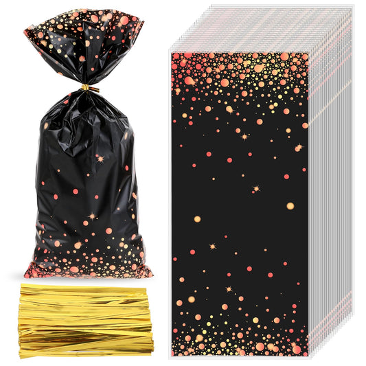 100 PCS Black Gold Party Bags Plastic Dot Favor Candy Bags Black and Gold Gift Bags Foil Candy Grad Bags Cookie Packaging Gift Bags with Golden Twist Ties for Party Favor Supplies