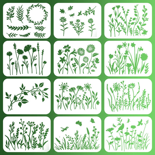 12 Pcs Reusable Wildflower Art Painting Templates Flower Stencils for Crafts Flower Art Painting Stencils for Painting on Wood Canvas Journal Paper Fabric Floor Wall Card Decoration
