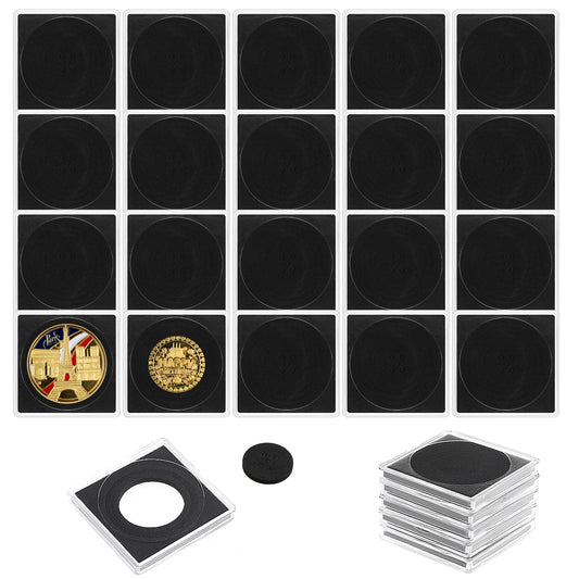 KALIONE 20 Pieces Coin Case for Push-in Coin Case Square Coin Display Box with 5 Sizes 20/25/30/35/40 mm Black Compartments Transparent Storage Box for Collections Coin Storage, black