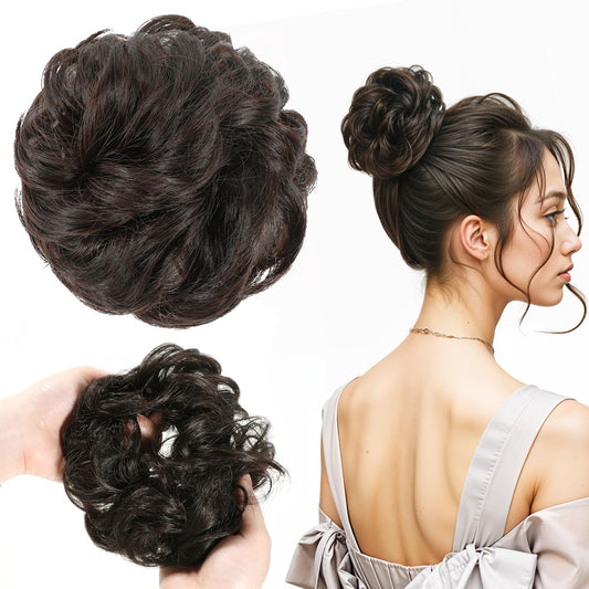 Messy Bun Hair Piece, Large Hair Buns Wavy Curly Chignon Ponytail Hairs Extensions Dark Brown Synthetic Fake Hairs Thick Tousled Updo Bun Human Messy Buns for Women Wavy Curly