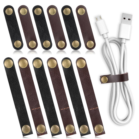 12 PCS Leather Cord Organizer, PU Leather Cable Straps Portable Data Cable Storage Leathers Buckle Multicolor Cables Ties Travel Snap Cables Winder Keeper Earphone Wrap Holder Gifts for Women Men