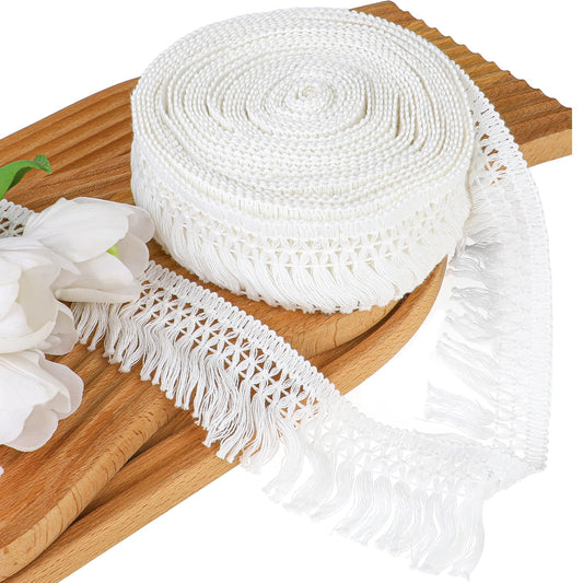 Hariendny Cotton Boho 10 Yards 2.3'' Wide Tassel Fringe Trim for Home Decor, Clothing, DIY Projects (White, 9m long, 6cm wide)