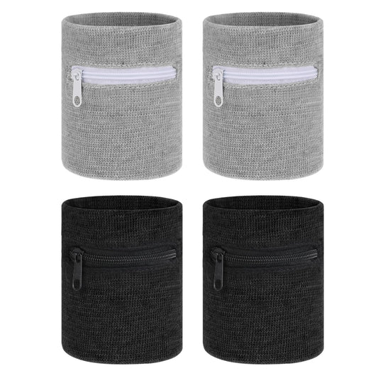 4Pcs Wrist Sweat Bands with Zipper Wrist Pouch Wallet Wristband Pocket Sports Absorb Sweat Wristbands for Women Men Running Hiking Workout, Key Holder for Gym Sports Running Walking Hiking Travel