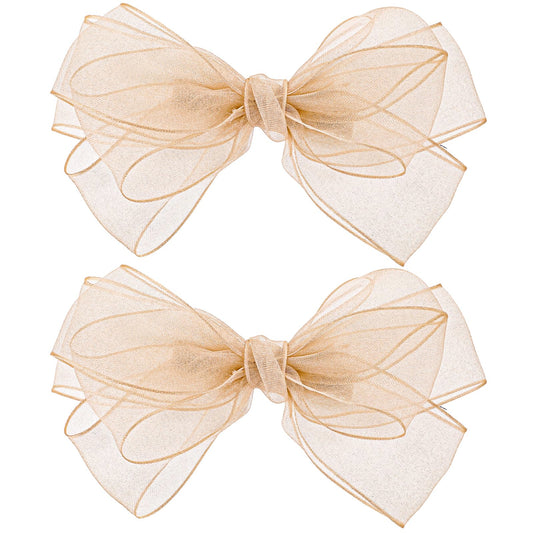 Hair Bows for Girls, 2 Pcs 5.5 Inches Tulle Bow Organza Hair Bows Clips Large Size Wedding Hair Accessories Hair Clips Cute Barrettes Suitable for Girls Party Festival Decorations (champagne)