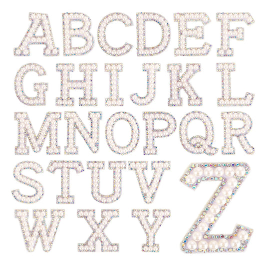 26 Pcs Pearl Iron on Letters A-Z Rhinestone Letter Patches Self Adhesive Sew on Alphabet Applique for Clothing, Glitter Stick on Pearl Letter Patches for DIY Craft Supplies(1.8inch White)