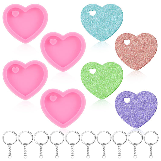 4 Pieces Heart Silicone Mold Resin Molds Silicone, Keychain Resin Molds Valentine's Day Mould Chocolate Candy Mold with 20 Pieces Key Rings for Birthday DIY Craft Making Supplies Homemade Dessert