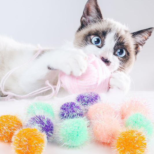 KALIONE 12 Packs Cat Pom Poms Balls, Cat Toy Balls, Cat's Favorite Pom Poms Balls, 4 Colors Interactive Shiny Cat Ball Toys, 2 Inch Cat Flash Balls for Indoor Cats Kitten Play Chase