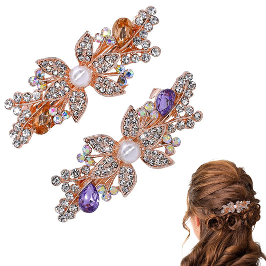 2Pcs Retro Vintage Metal French Barrette, Rhinestone Barrettes for Women, Decorative Hair Clips Pearl Crystal Wedding Hair Clip, Rhinestone Sparkly Glitter Women Hair Clips(2.68 x 0.98 inches)