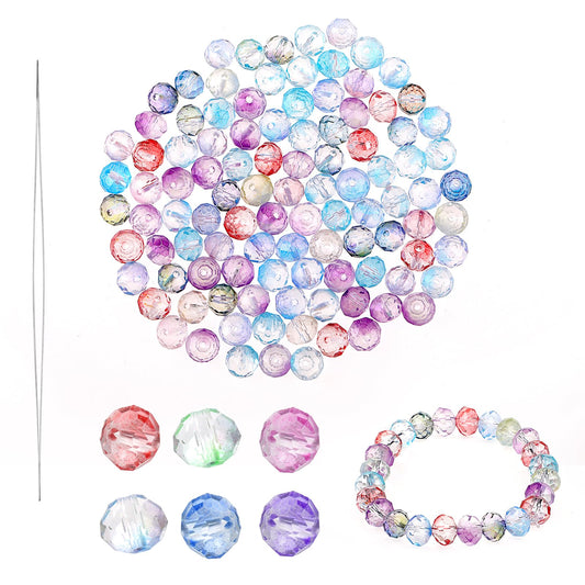 100pcs Faceted Glass Beads, Crafting Beads Crystals for Jewelry Making with Holes, Mixed 8m Assorted Glass Beads for Bracelet Earring Necklace DIY Crafts Making, 1 Beading Needle