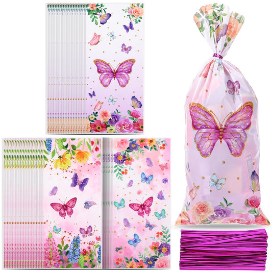 Filling Bags, Pack of 100 Treat Bags with Butterflies, 3 Styles Purple Butterfly Candy Bags, Watercolour Butterfly Party Gift Bags with 100 Twist Bands for Birthday, Baby Shower