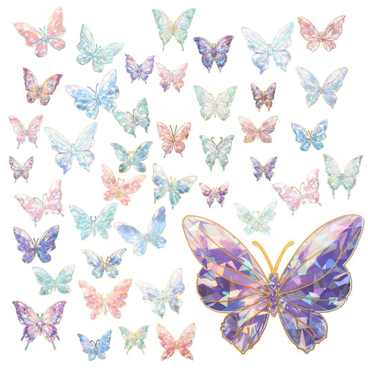 80pcs Holographic Glitter Butterfly Stickers Phone Butterfly Stickers Set, Blue Green Pink Purple Sparkly Crystals Clear Resin Waterproof Stickers Decals for Scrapbooking Journaling Water Bottles
