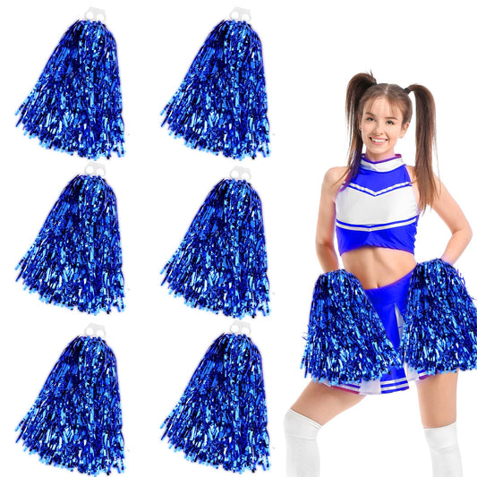 KALIONE 6 Pack Cheerleading Pom Poms with Handle Cheerleader Pompoms Metallic Foil Pompoms for Sports Team Spirit Cheering Party Dance (Blue)