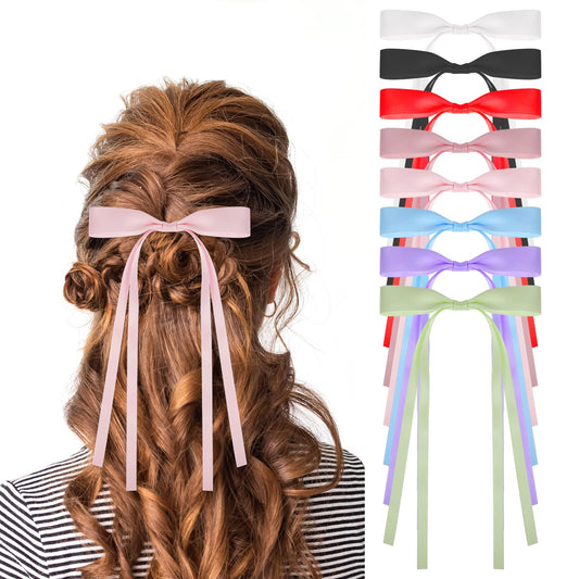 Bow Hair Clips for Women, 8 PCS Satin Ribbon Tassel Hair Barrettes with Long Tail Bow Clips Ponytail Holder Cute Solid Color Bowknot Hair Ribbon Accessories for Girls