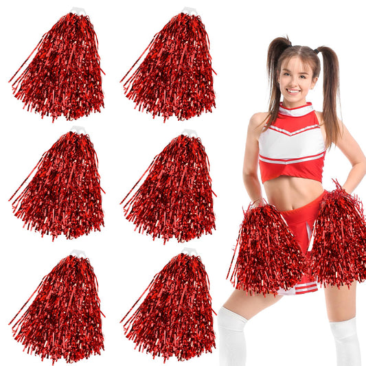 KALIONE 6 Pack Cheerleading Pom Poms with Handle Cheerleader Pompoms Metallic Foil Pompoms for Sports Team Spirit Cheering Party Dance(Red)