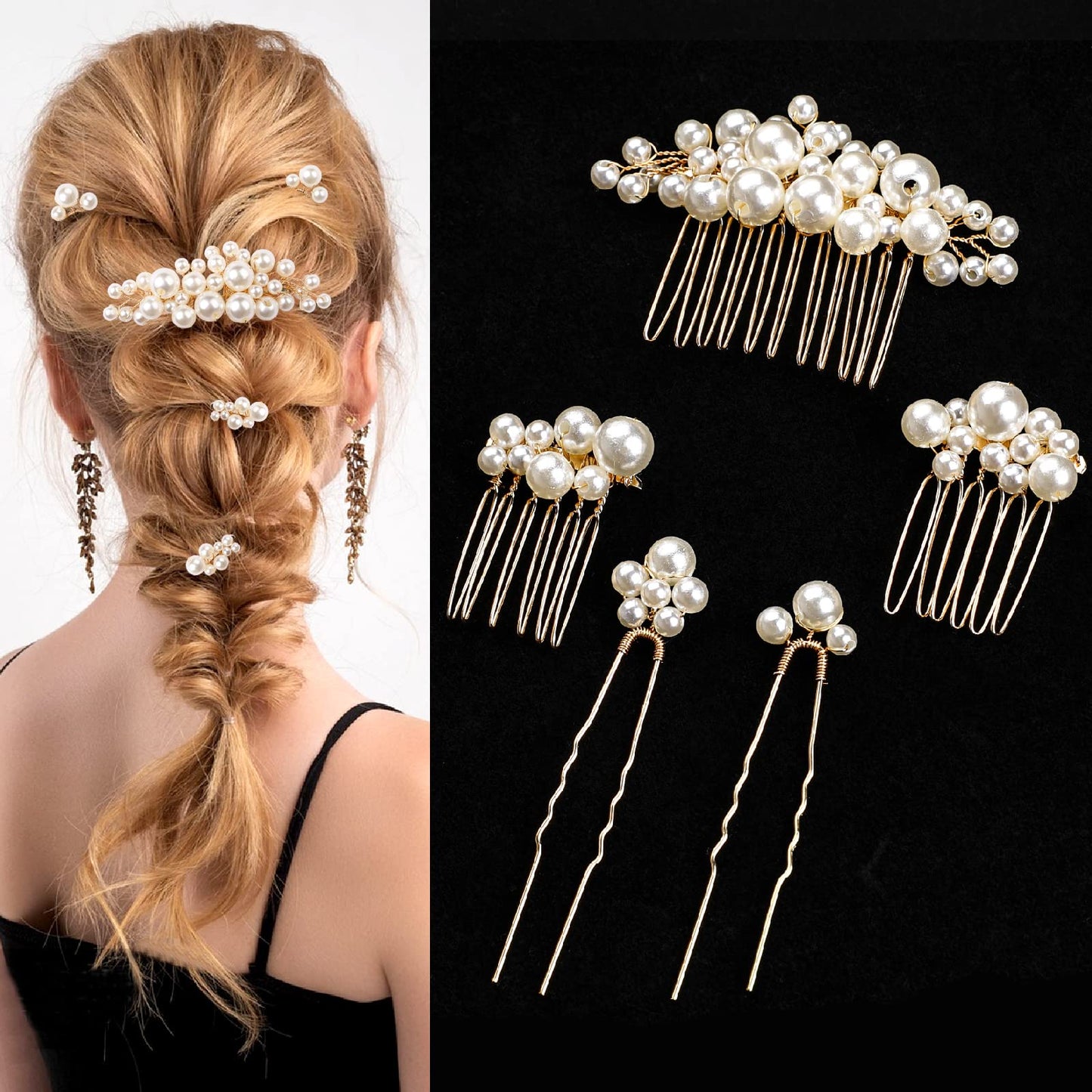 5Pcs Gold Bridal Wedding Hair Combs,Pearl Hair Pins Golden Vine Hair Piece Pearl Hair Clips Elegant Headpiece Vintage Hair Accessories Jewelry with Pearls for Brides Bridesmaids Flower Girls