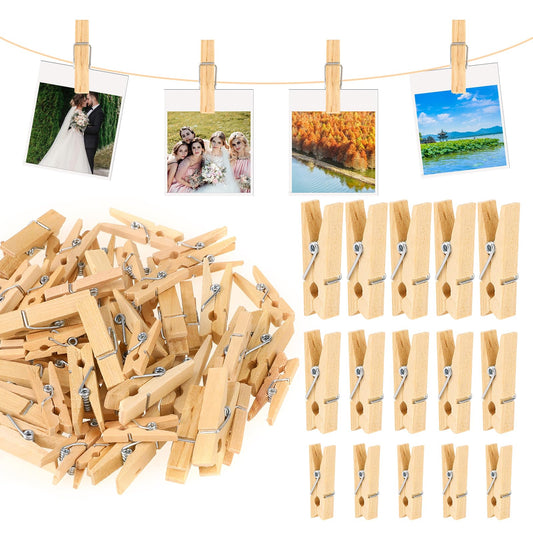 150 pcs Mini Wooden Pegs, Mini Clips Wood Clothes Pins Photos Clips Wooden Clothes Pegs Wood Craft Clips Clothespins for Indoor and Outdoor Washing Lines or Hanging Photos Arts and Craft