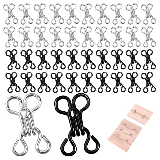 100 Set Sewing Hooks and Eyes Closure Metal Bra Hooks and Eyes Replacement Hook, Hook and Eye Closures for Clothing Trousers Skirt Sewing DIY Craft, Silver and Black (14mm)