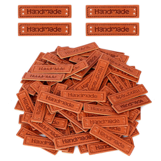 100 Pcs PU Leather Handmade Labels Tags Faux Leather Handmade Embossed Tag Handmade Sew on Tag Label Embellishment Crochet Knit DIY Jeans Bags Shoes Hat, 4 x 1cm