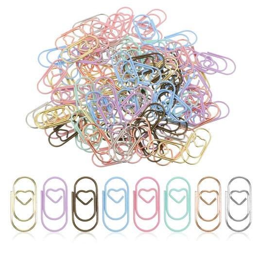 100Pcs Heart Paper Clips, Coloured Paperclips Metal Small Cute Paper Clip Heart Shaped Paperclip for Office Document Organizing School Wedding Home, 8 Colors