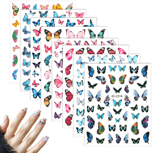 Butterfly Nail Stickers, 8 Sheets 3D Self-Adhesive Butterfly Nail Art Decals Colorful Butterflies Wings Pattern Nail Design Stickers Manicure Supplies for Women DIY Home Nail Salon Decoration