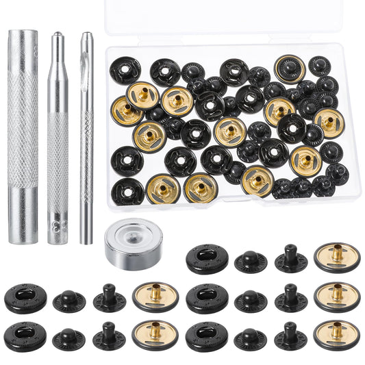 12 Sets of Leather snap kit, 15mm Metal snap kit with 4 Installation Tools Black Press Studs Leather Rivets Snaps Suitable for Clothing, Jackets, Jeans, Bracelets, Bags, Leather, Shoes