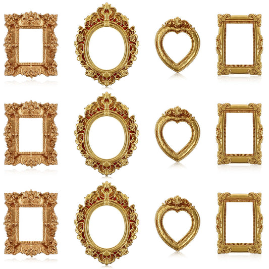 12 Pcs Vintage Mini Resin Picture Frames Small Gold Baroque Antique Jewelry Frame 4 Styles Miniature Display Photo Frame Tiny Gothic Picture Holder for Jewelry Display Photography Wall Decor