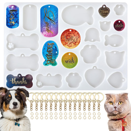 Pet Tag Resin Mold Silicone Dog Bone Cat Tag Resin Molds for Epoxy Casting Polymer Keychain Molds for Resin with 15Pcs Keyring & 30pcs Jump Ring for DIY Crafts Making Tag Charm Pendant
