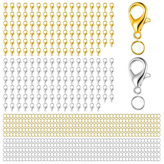 Lobster Claw Clasps Set, 200 Pcs Lobster Clasps for Jewelry Making with 500 Open Jump Rings DIY Jewelry Clasps and Closures for Bracelet Anklet Necklace (Gold, Silver)
