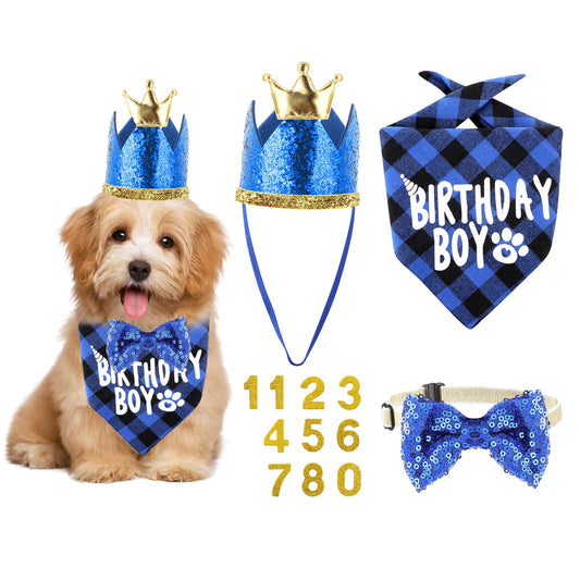 Dog Birthday Party Supplies Dog Birthday Bandana Set Dog Birthday Hat with Numbers Dog Birthday Crown Cute Dog Bow Tie Dog Birthday Outfit for Medium Small Dogs Pet (Blue)