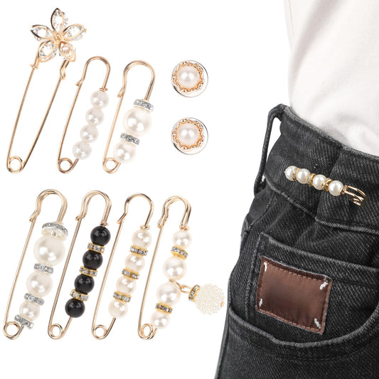 Pearl Waist Cincher Clip, 9 Pieces Dress Clips Vintage Clothes Pins Faux Pearl Rhinestones Brooch Pins Hat Pins Waist Cinch Pants Extender Safety Pins for Women Girls Clothing Dress Pants Shawls