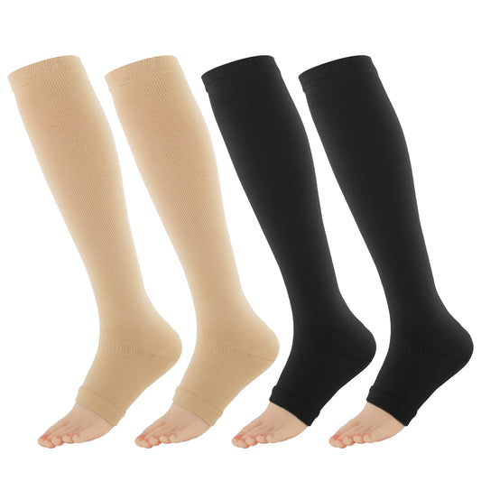 KALIONE 2 Pairs Women's Open Toe Compression Socks, 15-20 Mmhg Compression Stockings Toeless Compression Socks Knee High Compression Socks for Women Girls Men(L/XL)