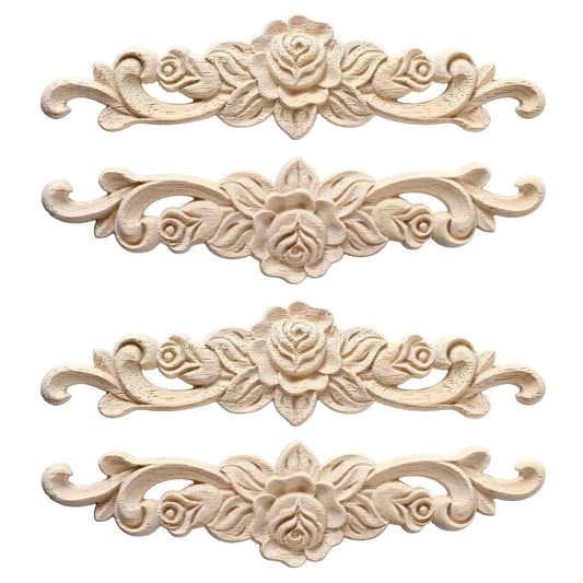 4pcs Wood Appliques Decorative and Onlay for Furniture Long Wood Carved Appliques Onlays for Cabinet Door Bed Wardrobe Furniture Decoration DIY Carved Onlay for Bed Door Cabinet Wardrobe (7.87x1.97in）