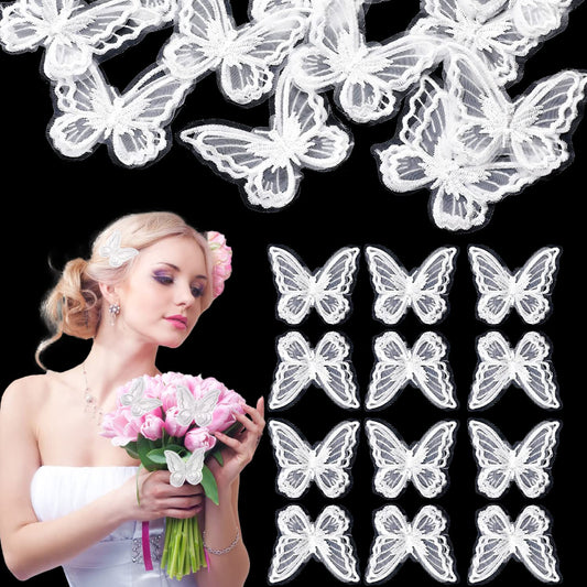 30 PCS Lace Butterfly Applique Organza Butterfly Patch Embroidery Butterfly Sew Iron On Patch Bridal Sewing Lace Patches Appliques for Wedding Bridal Dress Sewing DIY Clothes Craft