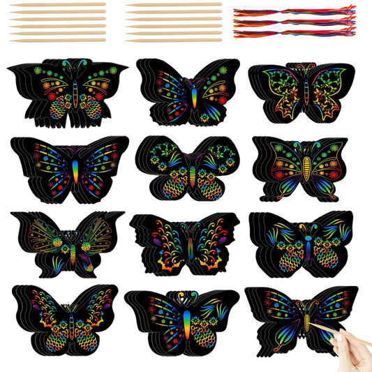Butterfly Scratch Cards 48 PCS Scratch Art Butterfly Party Favors Party Craft Butterflies Crafts for DIY Crafts Birthday Party Halloween Christmas, 12 Styles Bamboo Stylus Included