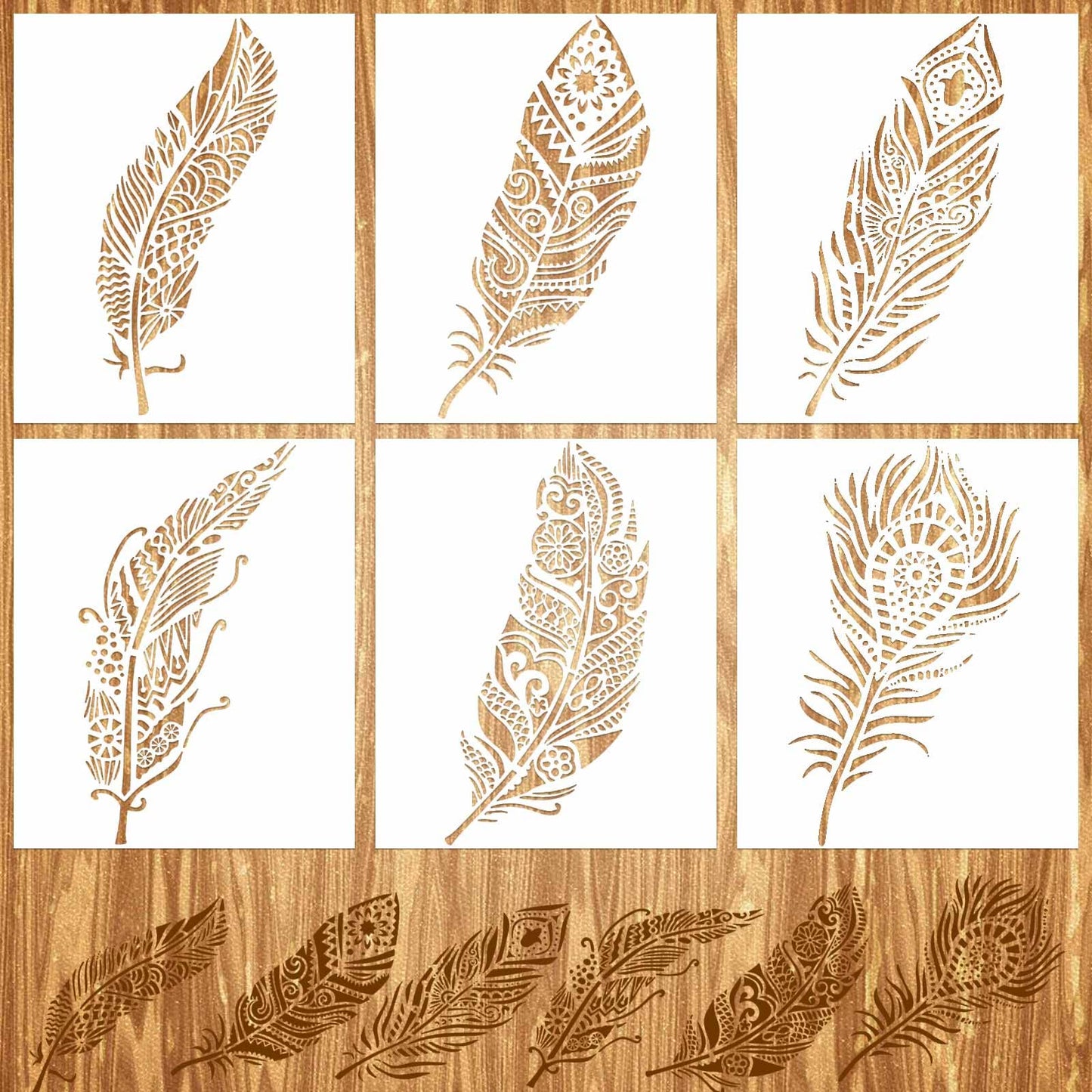 6 Pcs Feather Stencils for Painting,Peacock Feathers Mandala Stencil DIY Scrapbook Coloring Templates Large Spray Paint Stencils Reusable Stencils for Painting on Walls,Wood,Canvas,Furniture