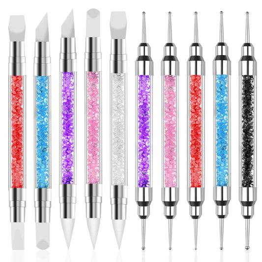 10 Pieces Nail Brushes for Nail Art, Acrylic Nail Dotting Pen Dual Tipped Nail Art Brushes Rhinestone Handle Nail Art Gel Carving Pen Nail Art Point Drill Tools for Nail Art Designs Nail Foil Carving