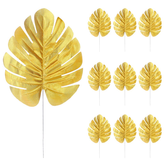 KALIONE 10 Packs Golden Artificial Palm Leaves, Dried Palm Leaves, Faux Palm Leaves Decor, Monstera Leaves, Tropical Leaf Garland, Golden Tropical Leaves for Home Palm Leaves Party Decorations