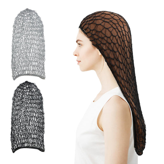 2 Pcs Mesh Crochet Hair Net 20 Inch Knit Snoods Hat Cover Plus Size Hair Nets for Sleeping Soft Mesh Hairmet Hat Cover Crocheted Sleeping Shower Caps for Women Long Hair Curly Hair (Black and Gray)