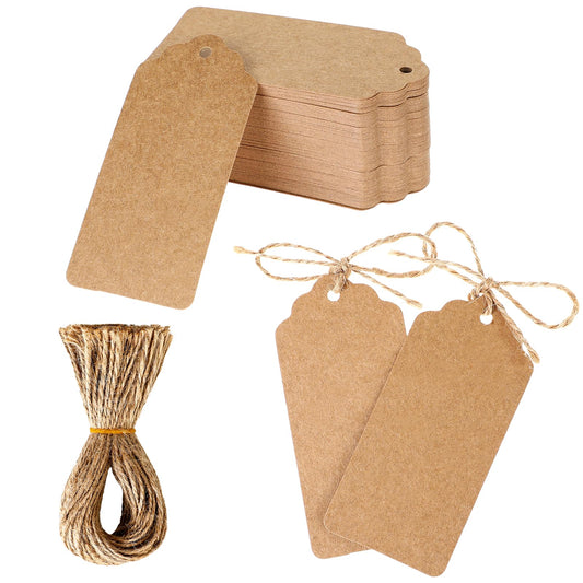 KALIONE Gift Tags, 100 pcs Kraft Paper Blank Labeling Tags with String, for Wedding Party (Brown)