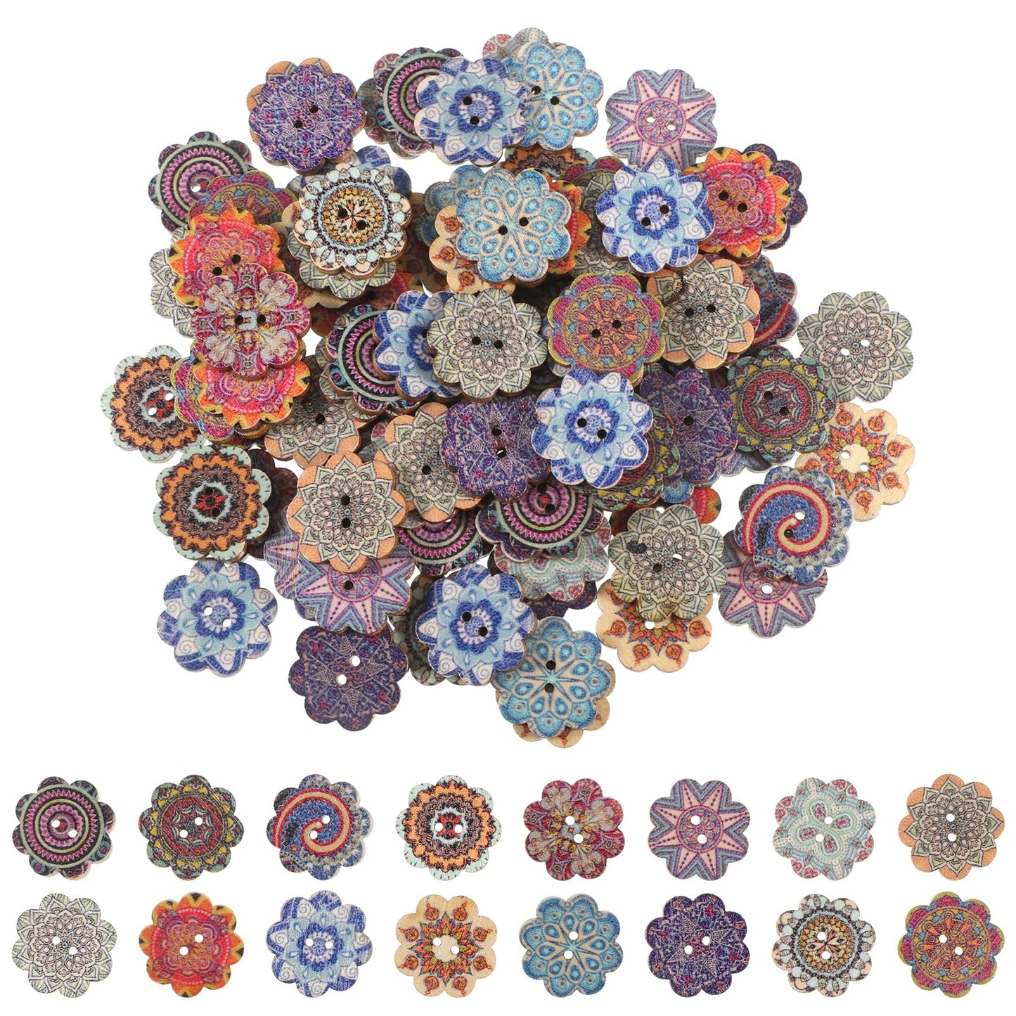100PCS Mixed Pattern Vintage Wooden Buttons, 3/4inch Wooden Flower Buttons