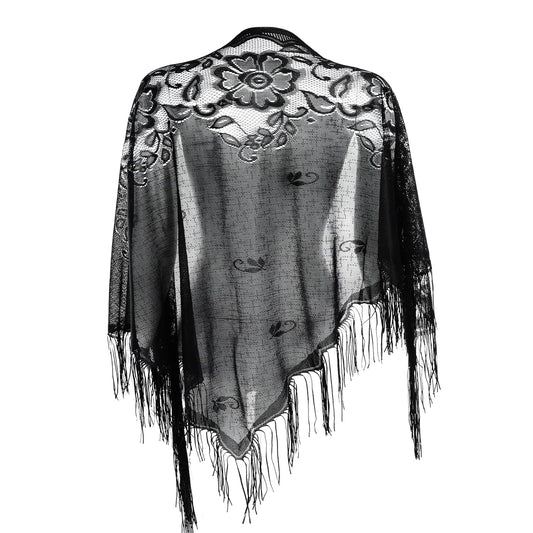 Black Triangle Mesh Fringe Wraps for Women, Lace Shawls and Wraps for Evening Dresses with Tassels, Soft Lace Scarf for Evening Party Dress, Mesh Floral Wedding Shawls