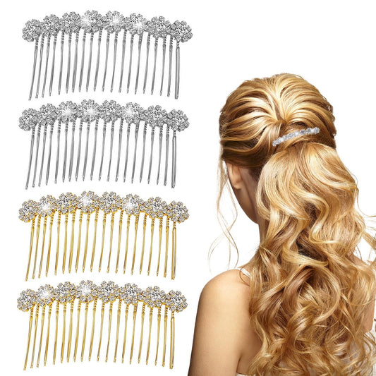 4 Pcs Rhinestone Hair Combs, Rhinestone Comb for Women Hair, Rhinestone Flower Hair Side Combs, Bling Hair Clips, Hair Clips for Women, Wedding Hair Comb Bridal Jewelry Hair Clips(Silver&Gold)