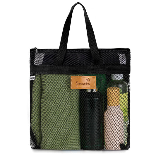 Shower Bag, 1 Piece Shower Bag with Handle, Portable Beach Bag, Mesh Shower Basket, Large Capacity, Travel Shower Bag for Gym, Shower Room, Beach, Travel Toiletries (Black)