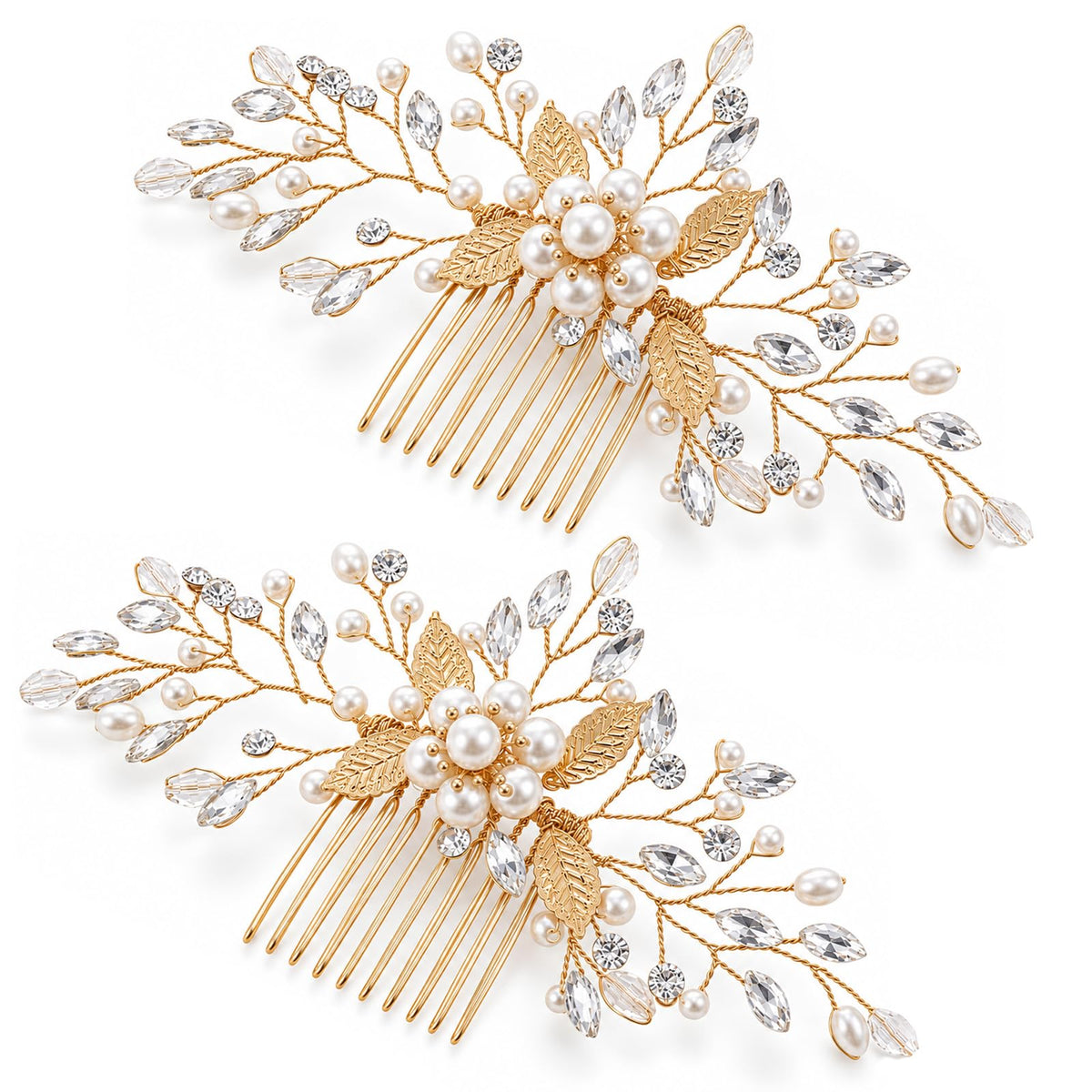 Bridal Hair Accessories Wedding Gold Pearls Crystal Hair Comb Set of 2