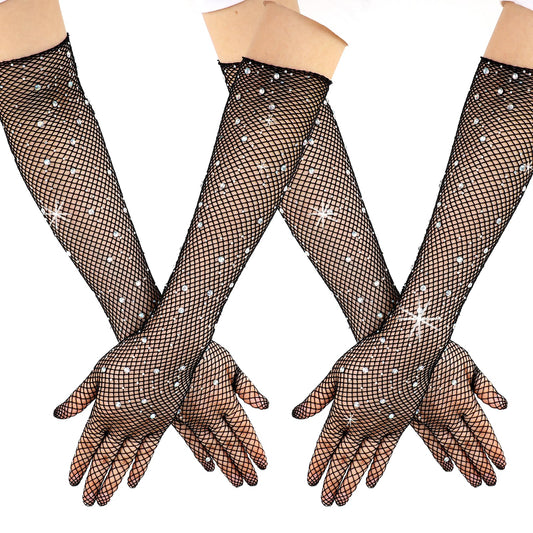 KALIONE Glitter Gloves for Women Rhinestone Fishnet Gloves Sparkly Gloves, Long Fishnet Gloves, Sheer Gloves Women Long Gloves, Mesh Glitter Gloves, Sheer Bridal Gloves Wedding Gloves(2 Pairs Black)