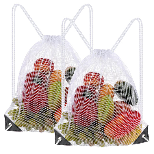 Mesh Drawstring Bag, 2 Pack White Swimming Drawstring Backpack Ball Bag Mesh String Backpack Bag for Gym, Laundry, Beach, Shoes, Clothes, Travel, Swimming