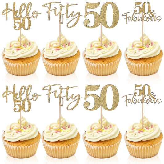 24PCS 50th Anniversary Cupcake Toppers Gold Glitter 50th Golden Wedding Anniversary Decor for 50th Birthday and Wedding Anniversary Cake Party Decoration Celebrating the Golden Wedding Party
